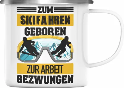 Produktbild von Trendation - Ski Fahren Emaille Tasse Geschenk Skifahrer Geschenk Emaille Tasse Lustig für Männer Frauen Skifahren Witz Spruch Sprüche (Silber)