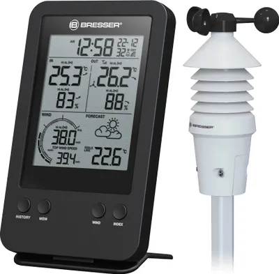 Produktbild von Bresser Optics 7002531, Schwarz, Anemometer (Windgeschwindigkeit), Innen-Hygrometer, Innen-Thermometer, Außen-Hygrometer,..., Hygrometer, Thermometer, Hygrometer, Thermometer, km/h, 868 MHz