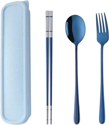 Produktbild von Campingbesteck Tragbares Outdoor Besteckset, Blau, für 1 Person, Edelstahl, mit Essstäbchen, Gabel und Löffel