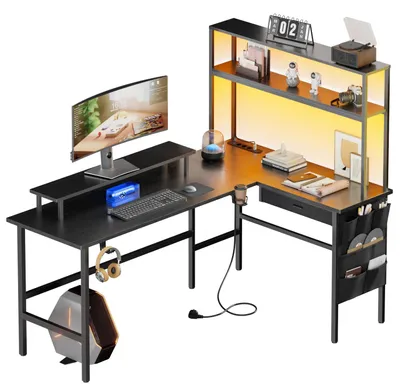 Zdjęcie produktu dla Biurko gamingowe w kształcie litery L - biurko komputerowe narożne - 150 x 74 cm - odwrócone - z listwą z gniazdkami - z półką na monitor. Kolor: czarny