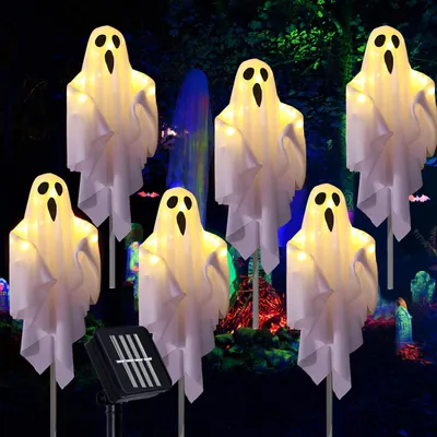 Produktbild von 6er Set Solar Halloween Lichter LED Geister Lichterkette 8 Lichtmodi Dekorationen für Hof, Garten, Weg, Spukhaus, Party