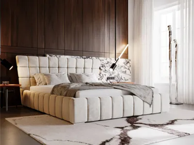 Obrázok produktu pre GRAINGOLD Manželská posteľ 160x200 cm Paris - exkluzívna čalúnená posteľ so zásuvkou, zamatovou látkou a lamelovým roštom - béžová (Magic velvet 2201)
