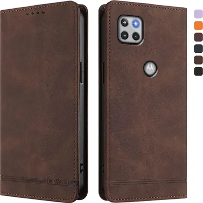 A brown leather flip case for a Motorola phone is shown from two angles, with a color swatch palette on the right.