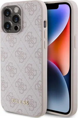A close-up shot of an iPhone 15 Pro Max in a pink Guess hard case, with the phone's screen visible.