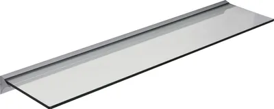 A long, narrow glass shelf with a gray metal mounting bracket.