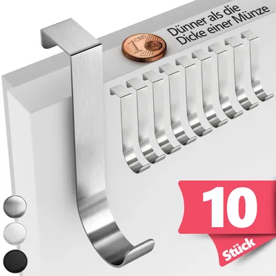 Produktbild von Lindenstein Türhaken zum Einhängen, 10er Set, Silber - Edelstahl Kleiderhaken für die Tür, einzeln verwendbare J-förmige Haken, stabile Türgarderobe