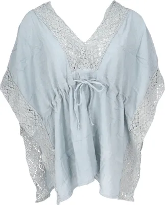Produktbild von Kurze Kaftanbluse mit Spitze, Boho Kaftan - Helles Taubenblau, Damen, Baumwolle, Blusen & Tunikas