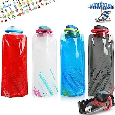 Produktbild von Faltbare Trinkflasche,4 Stück Tragbarer Zusammenklappbare Wassersack,Faltbare Wasserflaschen Set,Wiederverwendbare Wasserflasche mit Karabiner,für