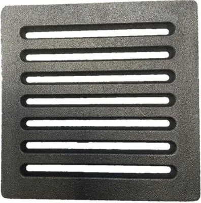 A square, black metal grate with horizontal slots.