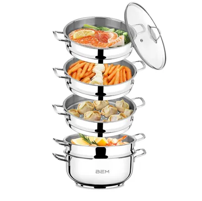 Produktbild von BEM Dampfkocher: 6-tlg Set aus Edelstahl 18/10, Ø 28 cm, Russische Mantowarka mit Dampfeinsatz und Glasdeckel, Dampfkochtopf, auch für Induktionsherd