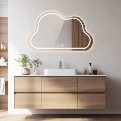 Zdjęcie produktu dla Lustro do łazienki LED AIORBER, kształt chmury, montaż na ścianie, asymetryczne, antyfog, możliwość regulacji jasności, 3 barwy światła, panel dotykowy, kolor srebrny, wymiary 60x80 cm