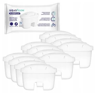 A package of Aquafloow Flowflux filter cartridges is shown, with a stack of individual filter cartridges arranged in front of it.