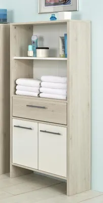 Produktbild von Pelipal JAN Midischrank, Pinie hell Holznachbildung, Weiß Glanz, 2 Drehtüren, 1 Schubkasten