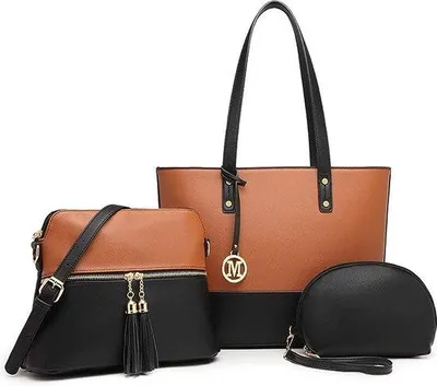 Immagine prodotto di Set di 3 borse da donna Unyqoos® in ecopelle, con colori a contrasto e frange: borsa a tracolla 31x12x28 cm, borsa a spalla 27x11x21 cm, mini borsa 17x6x13 cm – Ideale per l'ufficio e la scuola