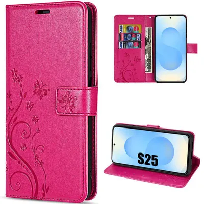 Image de Coque pour Samsung Galaxy S25, Protection Antichoc Anti-Rayures CuirPolyuréthaneFuchsia Motif Relief Floral