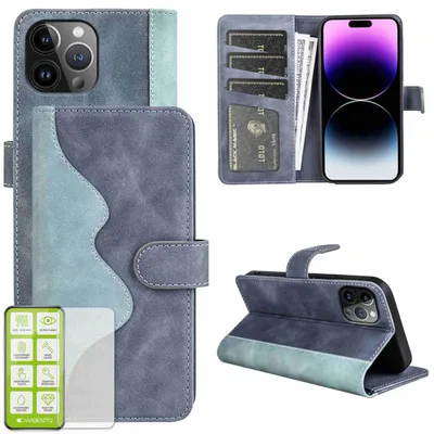 Immagine prodotto di Per Apple iPhone 15 Pro Design Mobile Phone Case Blu Custodia in pelle artificiale + H9 Vetro temperato