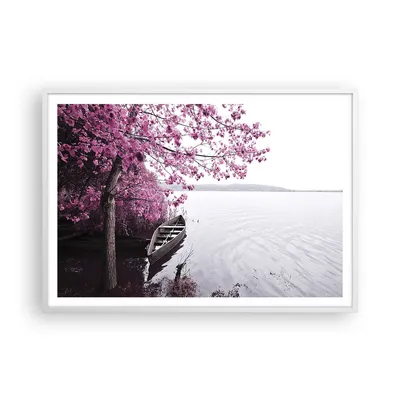 Produktbild von Gerahmtes Poster - Weißer Rahmen - See Rosa Bäume - 100x70 cm - Wand Bild - Wanddeko - Wandbilder - Kunstposter - Wandposter - Bilderrahmen - Bilder - Kunstdruck - Wandbild - P2WAA100x70-4147