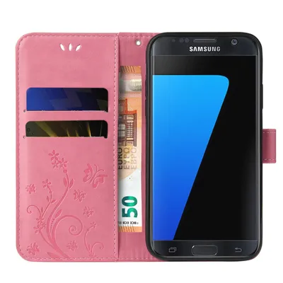 Produktbild von Handyhülle für Samsung Galaxy S7 edge Floral Blumen Schmetterling Flip Cover Hülle Case Klapphülle Handytasche Farbe: Rosegold