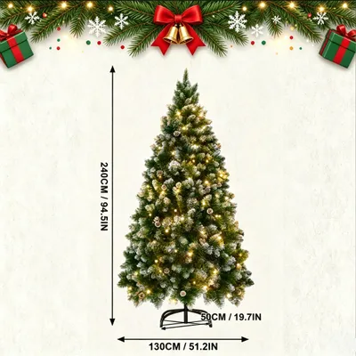 Produktbild von YARDIN PVC Weihnachtsbaum & Kunstweihnachtsbaum 240 cm, Schnee‑Effekt, Christbaum mit warmweißer LED‑Beleuchtung, Kiefernzapfen, Weihnachtsdekoration