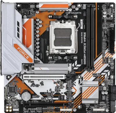 Produktbild von GIGABYTE B850M FORCE WIFI6E Mainboard – Unterstützt AMD Ryzen 9000 Serie Prozessoren, 8+2+2 Phasen Digital-VRM, bis zu 9600 MHz DDR5 (OC), 1 x PCIe 5.0 M.2 + 2 x PCIe 4.0 M.2, Wi-Fi 6E, 2.5 GbE LAN, USB 3.2 Gen 2, AMD, Sockel AM5, AMD Ryzen 7000 Series, AMD Ryzen 8000 Series, AMD Ryzen 9000 Series, Sockel AM5, DDR5-SDRAM, 128 GB