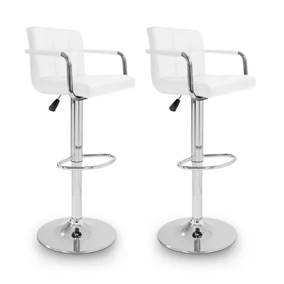 Two white bar stools are shown against a white background.