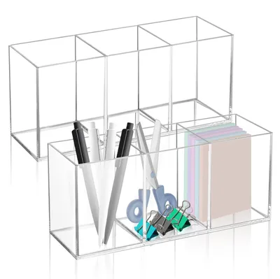 Produktbild von 2 Acryl-Schreibtisch-Stifthalter, 3 Fächer, transparent, für Schminkpinsel und Stifte.