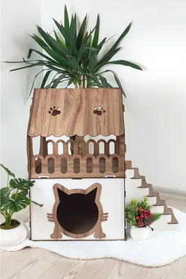 Produktbild von Katzenhaus XL 2-stöckig – Katzenhütte aus MDF – Stecksystem – Katzenmöbel Indoor – Katzenliege groß – Rückzugsort Katze – robust – werkzeugfrei