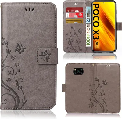 Produktbild von Handy Tasche für Xiaomi Poco X3 Xiaomi Poco X3 NFC  Schutz Hülle Handyhülle mit Blumenmuster Klapp Hülle mit Standfunktion und Kartenfächer Grau