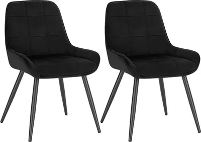 Two black chairs with metal legs on a white background.