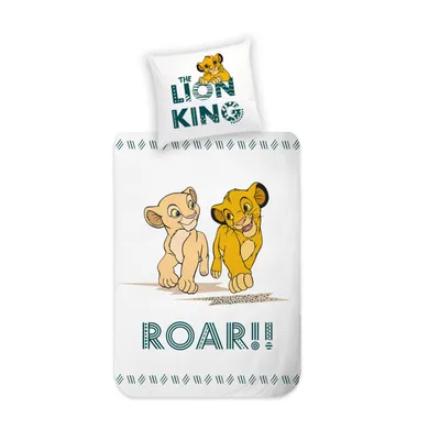 A white duvet cover and pillowcase set featuring characters from Disney's The Lion King.