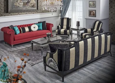 Produktbild von Casa Padrino Luxus Barock Wohnzimmer Set Rot / Schwarz / Gold / Silber - 2 Sofas & 2 Sessel & 1 Couchtisch & 1 Beistelltisch - Barock Wohnzimmermöbel