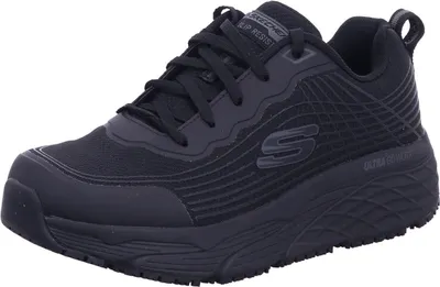 A black Skechers work shoe is shown from a side-angle on a white background.