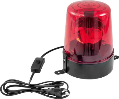 A red rotating warning light with a black base, power cord, and switch.