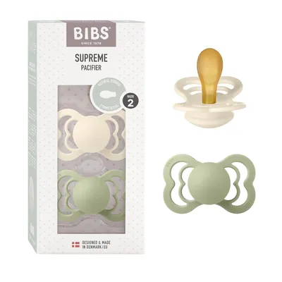Produktbild von BIBS Supreme Schnuller 2er-Pack, BPA-frei, Symmetrischer Nippel. Naturkautschuk / Latex, Hergestellt in Dänemark. Größe 2 (6-18 Monate), Ivory / Sage