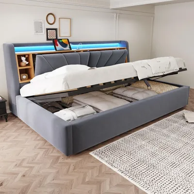 Imagen del producto de Cama tapizada Flieks de 90x200 cm con respaldo, cama juvenil individual con puerto USB y luces LED, sofá cama con estantes y espacio de almacenamiento, tapizado en terciopelo, color gris oscuro