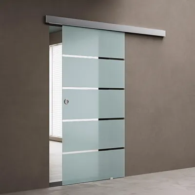 Image de doporro Porte Coulissante en Verre pour L'intérieur 77,5cm x 205cm Verre de Sécurité Bandes Opaques Poignée Ronde Porte Glissante Distance au Mur de 15mm Amalfi 11