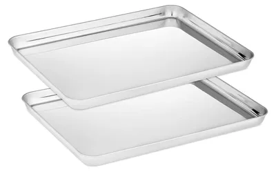 Produktbild von 2er-Set Backbleche aus Edelstahl, ungiftig und gesund, spiegelglatt und rostfrei, leicht zu reinigen und spülmaschinenfest