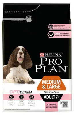 Produktbild von Purina Proplan Hundefutter für mittelgroße und große ausgewachsene Hunde ab 7 Jahren mit empfindlicher Haut und Optiderma Lachs