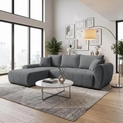 Produktbild von BEAUTYSOFA Ecksofa L-Form DALLAS 255 cm, Ecksofa mit Schlaffunktion und Bettkasten, Schlafsofa in Grau, Eckcouch Webstoff, Ottomane links, KI-generiertes Bild