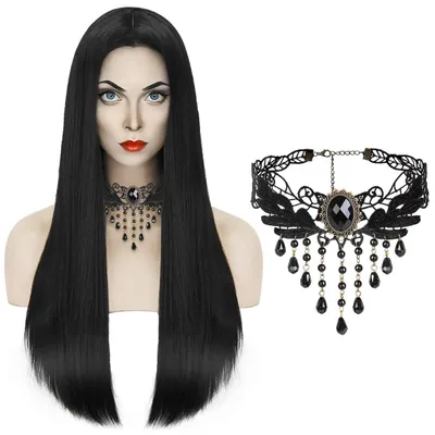 Produktbild von Lange schwarze Perücke für Damen - Kostümzubehör für Halloween und Cosplay