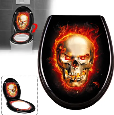 A collage of images showing a toilet seat with a skull and flames design.