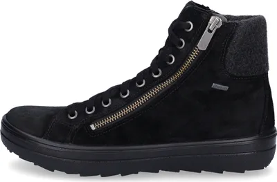 A black high-top boot with a zipper and laces, shown from the side.