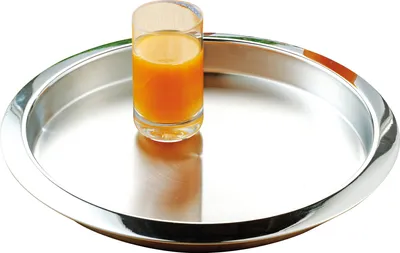 Image de Esmeyer Plateau en acier inoxydable VENGA, rond diamètre 35 cm, hauteur 3 cm, surface mate, bord poli brillant. 307-009