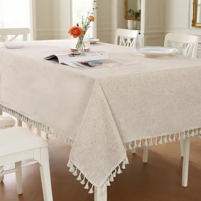 Productafbeelding van Tafelkleed, rechthoekig, 140x350 cm, beige, linnen-katoen, afwasbaar, kreukvrij, met franjes