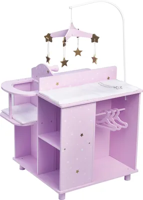 Produktbild von Olivia's little world Glitzersterne Prinzessin Babypuppe Wickelkommode mit Hochstuhl, Waschbecken, Schrank und Aufbewahrungswürfel, Lila/Weiß/Gold
