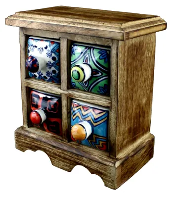 Produktbild von Mini-Kommode aus Holz und Keramik mit 4 handbemalten Schubladen, Gewürzschrank