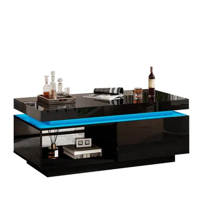 Produktbild von STILVORA Couchtische Beistelltische, Wohnzimmertisch, Hochglanz Satztisch mit LED-Licht,Rechteckiger-Beistelltisch Kaffeetisch mit Schubladen, Schwarz