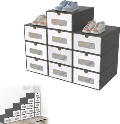 Obrázek produktu pro UISEBRT 10 boxů na boty s okénkem, kraftové papírové boxy na boty v antracitové barvě, praktické boxy na tenisky, stohovatelné úložné prostory pro větší pořádek