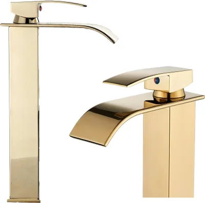 Immagine prodotto di Miscelatore lavabo da bagno Ari Waterfall, rubinetto da appoggio in ottone, bocca a cascata, cartuccia Vetroceramica, oro spazzolato