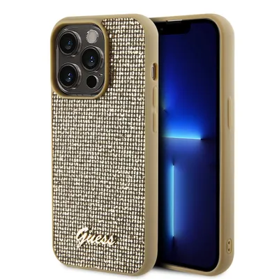A gold iPhone case with a textured pattern and a gold Guess logo is shown next to an iPhone.